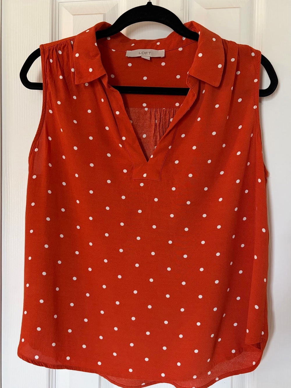 LOFT Burnt Orange Polka Dot Sleeveless V-Neck Collared Top